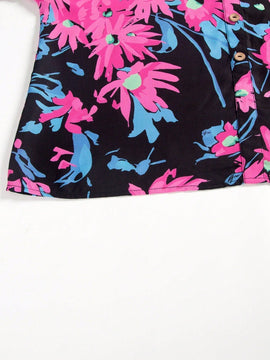 Camisa casual impresa de cuello en V para mujeres con mangas de longitud media y botones