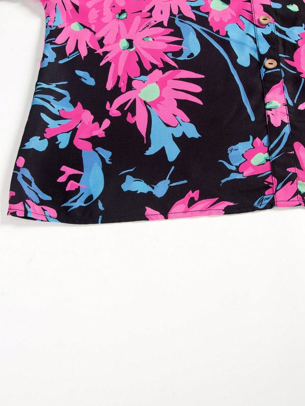 Camisa casual impresa de cuello en V para mujeres con mangas de longitud media y botones
