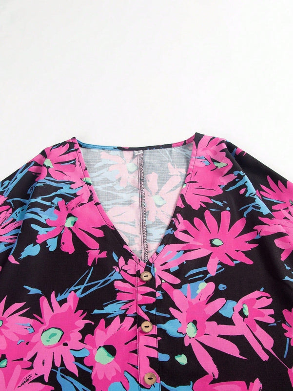 Camisa casual impresa de cuello en V para mujeres con mangas de longitud media y botones