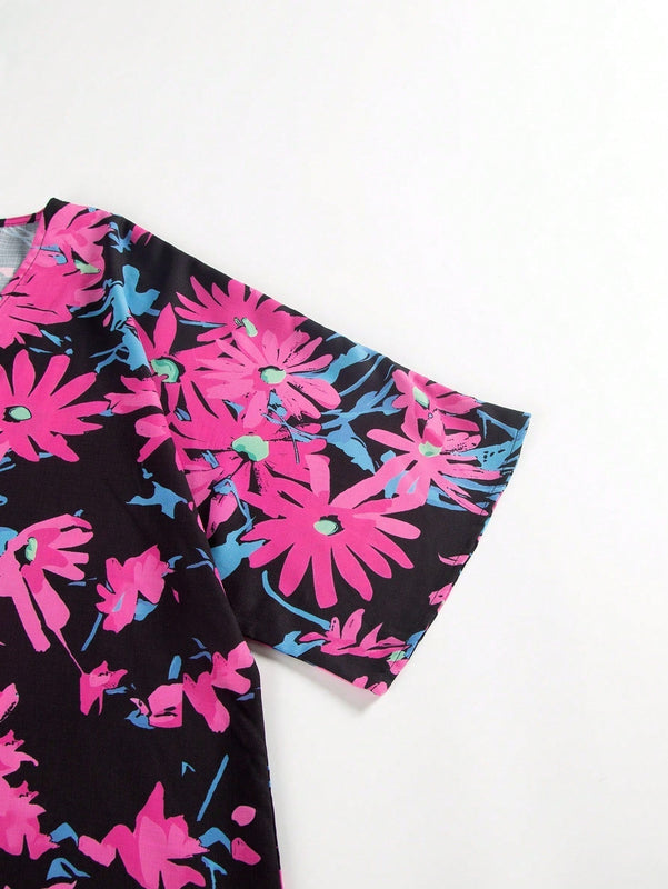 Camisa casual impresa de cuello en V para mujeres con mangas de longitud media y botones