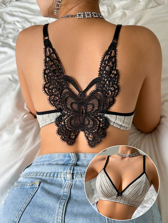 Sujetador triangular bralette para mujeres con copas suaves, bordado de mariposas, espalda de nadador y soporte sin alambre
