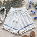 WYWH Shorts A-Line blanco para mujer WYWH con parches de borlas blancas y bordado azul ideal para vacaciones