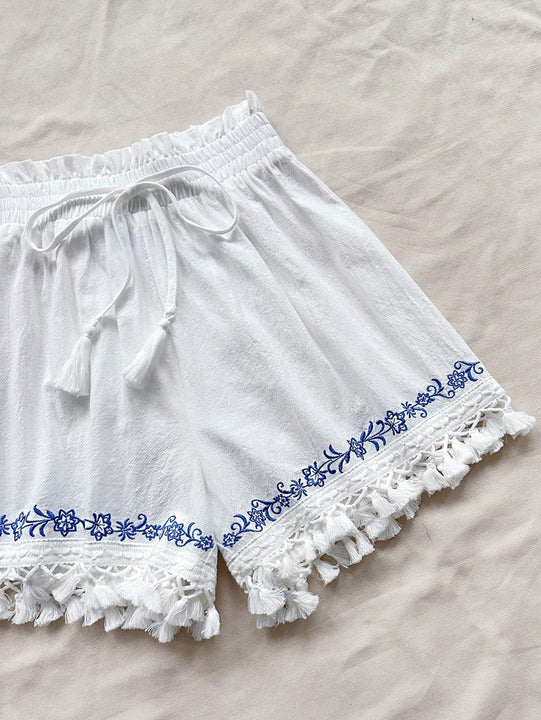 WYWH Shorts A-Line blanco para mujer WYWH con parches de borlas blancas y bordado azul ideal para vacaciones