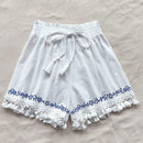 WYWH Shorts A-Line blanco para mujer WYWH con parches de borlas blancas y bordado azul ideal para vacaciones