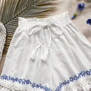 WYWH Shorts A-Line blanco para mujer WYWH con parches de borlas blancas y bordado azul ideal para vacaciones