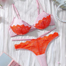 Eraneu Conjunto de lenceria de encaje y malla de colores contrastantes para mujeres