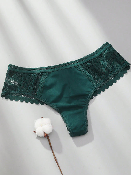 3 piezas/set tanga sexy de cintura baja con encaje calado en contraste ropa interior