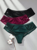 3 piezas/set tanga sexy de cintura baja con encaje calado en contraste ropa interior