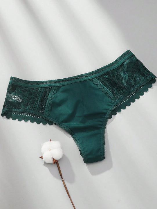 3 piezas/set tanga sexy de cintura baja con encaje calado en contraste ropa interior