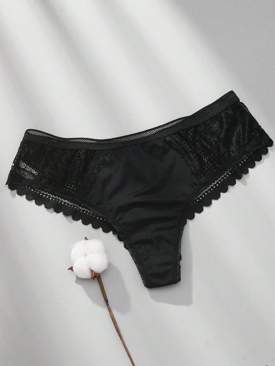 3 piezas/set tanga sexy de cintura baja con encaje calado en contraste ropa interior