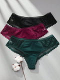 3 piezas/set tanga sexy de cintura baja con encaje calado en contraste ropa interior