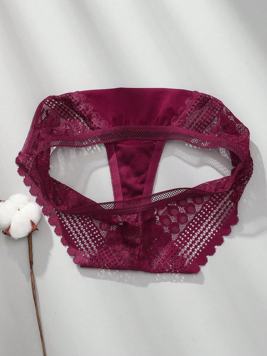 3 piezas/set tanga sexy de cintura baja con encaje calado en contraste ropa interior