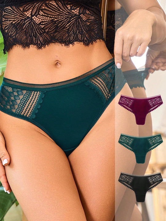 3 piezas/set tanga sexy de cintura baja con encaje calado en contraste ropa interior