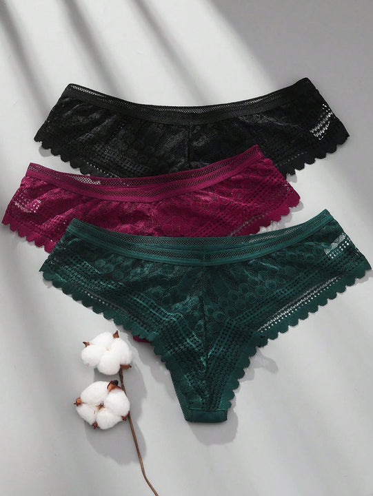 3 piezas/set tanga sexy de cintura baja con encaje calado en contraste ropa interior