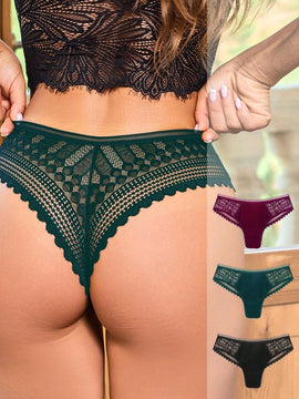 3 piezas/set tanga sexy de cintura baja con encaje calado en contraste ropa interior