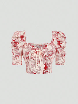 MOD Camisa de mujer con estilo vintage y diseno plisado con estampado