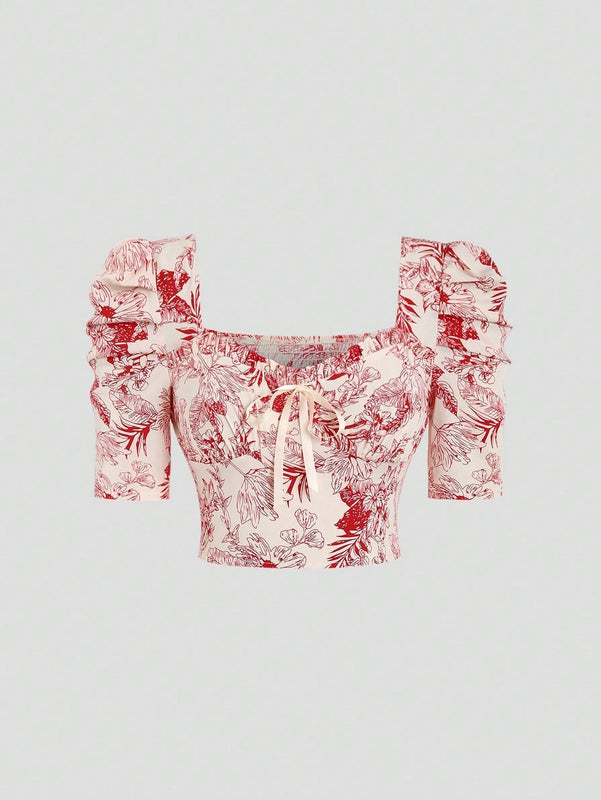 MOD Camisa de mujer con estilo vintage y diseno plisado con estampado