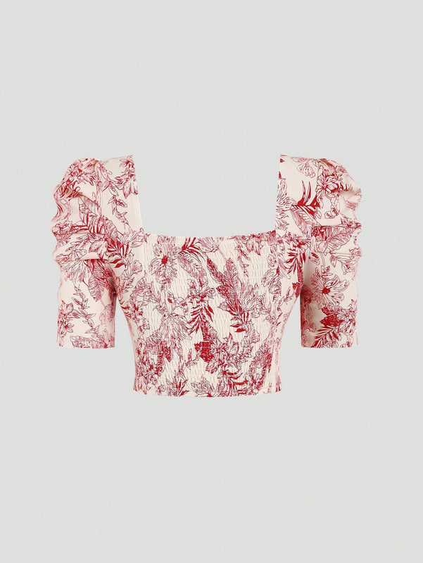 MOD Camisa de mujer con estilo vintage y diseno plisado con estampado