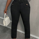 Slayr Pantalones casuales negros de cintura alta con bolsillos y punos con cinturon para mujeres