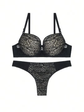 Conjunto sexy de bra y bragas para mujer de encaje transparente, copa B