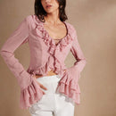 Camisa de estilo vacacional romantico y suave de un solo color con ribete de volantes