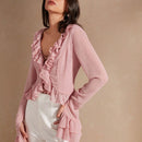 Camisa de estilo vacacional romantico y suave de un solo color con ribete de volantes