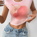 EZwear Camiseta de verano para mujeres ajustada con estampado de frutas, cuello redondo y mangas cortas con vuelta