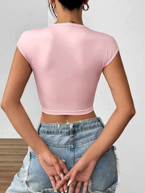 EZwear Camiseta de verano para mujeres ajustada con estampado de frutas, cuello redondo y mangas cortas con vuelta
