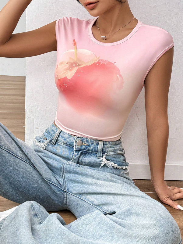 EZwear Camiseta de verano para mujeres ajustada con estampado de frutas, cuello redondo y mangas cortas con vuelta