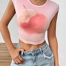 EZwear Camiseta de verano para mujeres ajustada con estampado de frutas, cuello redondo y mangas cortas con vuelta