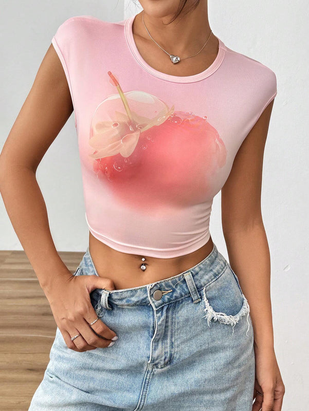 EZwear Camiseta de verano para mujeres ajustada con estampado de frutas, cuello redondo y mangas cortas con vuelta
