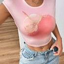 EZwear Camiseta de verano para mujeres ajustada con estampado de frutas, cuello redondo y mangas cortas con vuelta