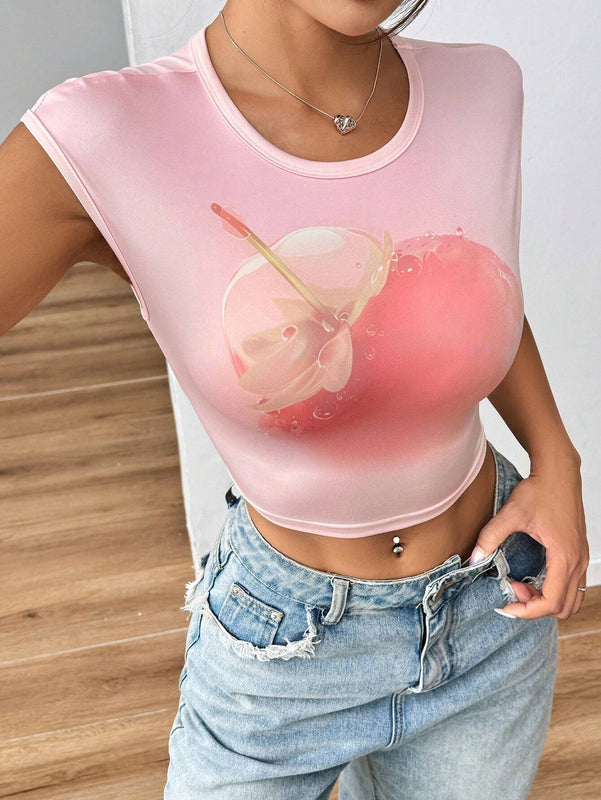 EZwear Camiseta de verano para mujeres ajustada con estampado de frutas, cuello redondo y mangas cortas con vuelta