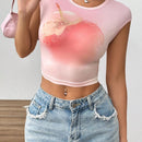 EZwear Camiseta de verano para mujeres ajustada con estampado de frutas, cuello redondo y mangas cortas con vuelta