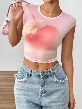 EZwear Camiseta de verano para mujeres ajustada con estampado de frutas, cuello redondo y mangas cortas con vuelta