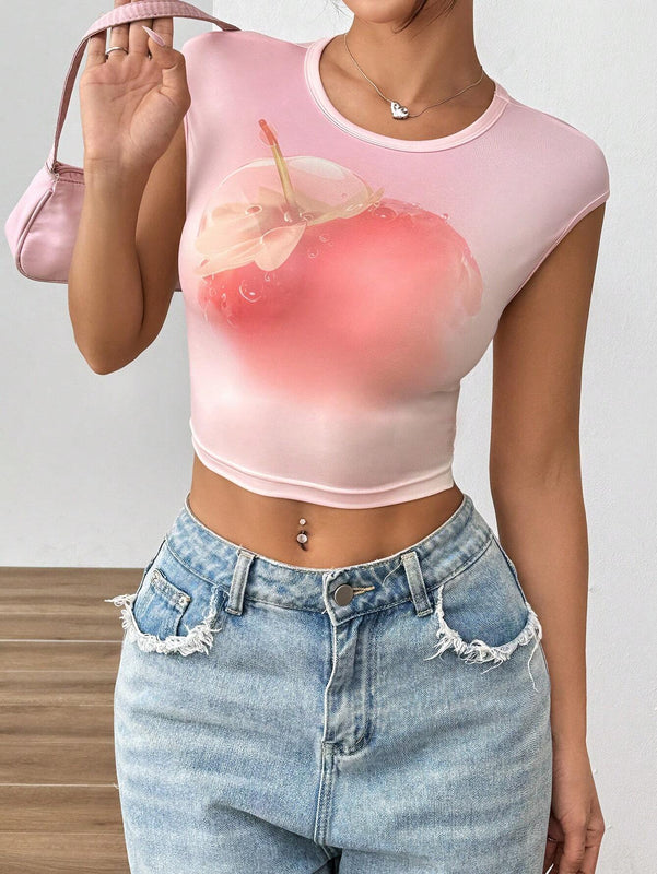 EZwear Camiseta de verano para mujeres ajustada con estampado de frutas, cuello redondo y mangas cortas con vuelta
