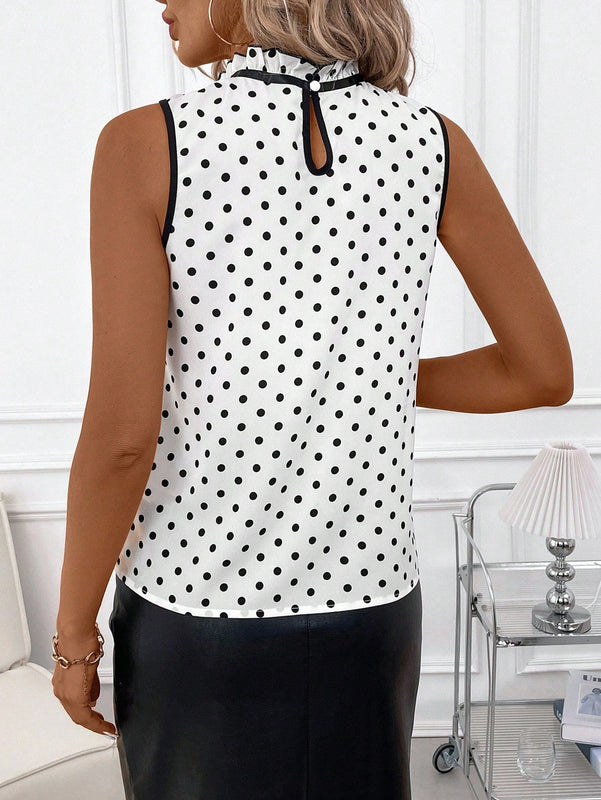 Clasi Camisa de mujer con encaje de moda en color blanco con lunares y diseno de bloques de color