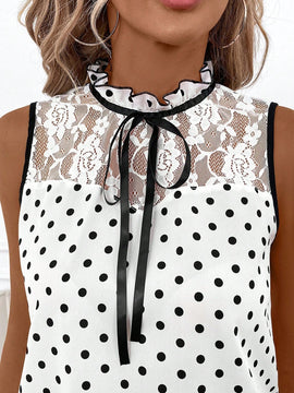Clasi Camisa de mujer con encaje de moda en color blanco con lunares y diseno de bloques de color