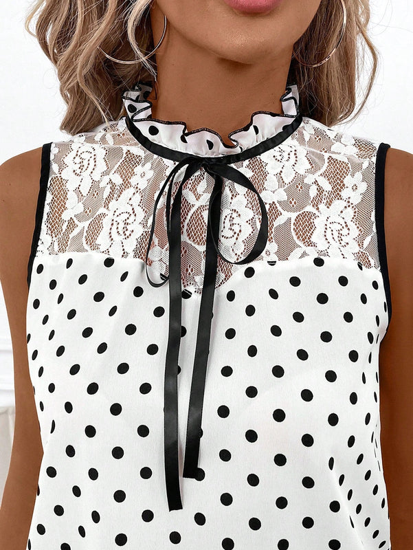 Clasi Camisa de mujer con encaje de moda en color blanco con lunares y diseno de bloques de color