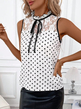 Clasi Camisa de mujer con encaje de moda en color blanco con lunares y diseno de bloques de color