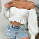 VCAY Top corto con los hombros descubiertos y mangas de linterna para mujer en primavera/otono, busto fruncido y dobladillo con volantes