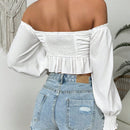 VCAY Top corto con los hombros descubiertos y mangas de linterna para mujer en primavera/otono, busto fruncido y dobladillo con volantes
