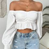 VCAY Top corto con los hombros descubiertos y mangas de linterna para mujer en primavera/otono, busto fruncido y dobladillo con volantes