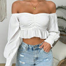 VCAY Top corto con los hombros descubiertos y mangas de linterna para mujer en primavera/otono, busto fruncido y dobladillo con volantes
