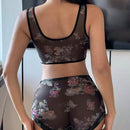 DAZY Conjunto de sujetador push-up y braguitas triangulares de malla transparente impresa