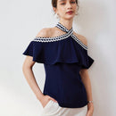 MOTF PREMIUM Blusa con hombros descubiertos, cinta de onda en contraste y ribete de volantes