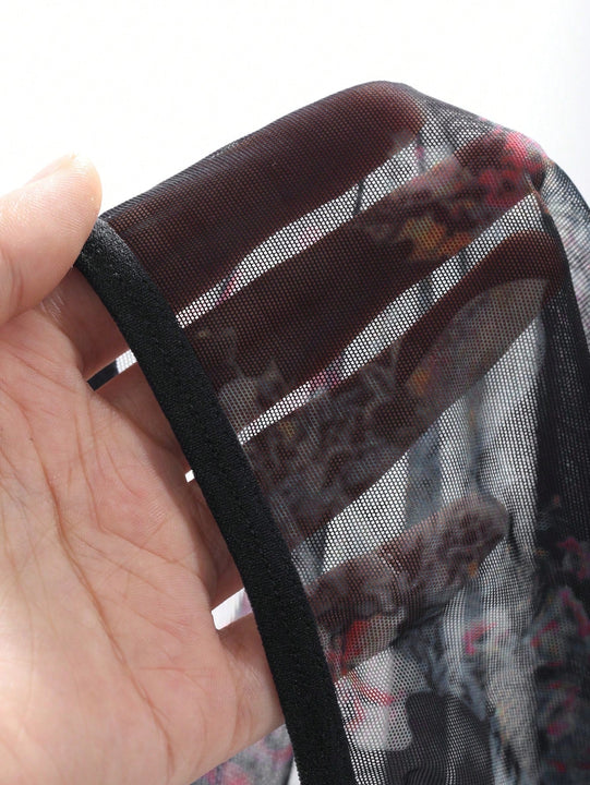 DAZY Conjunto de sujetador push-up y braguitas triangulares de malla transparente impresa