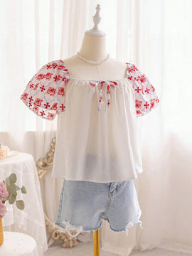 WYWH Camisa blanca casual para mujer con bordado y mangas con volantes de hoja de loto de WYWH Holiday