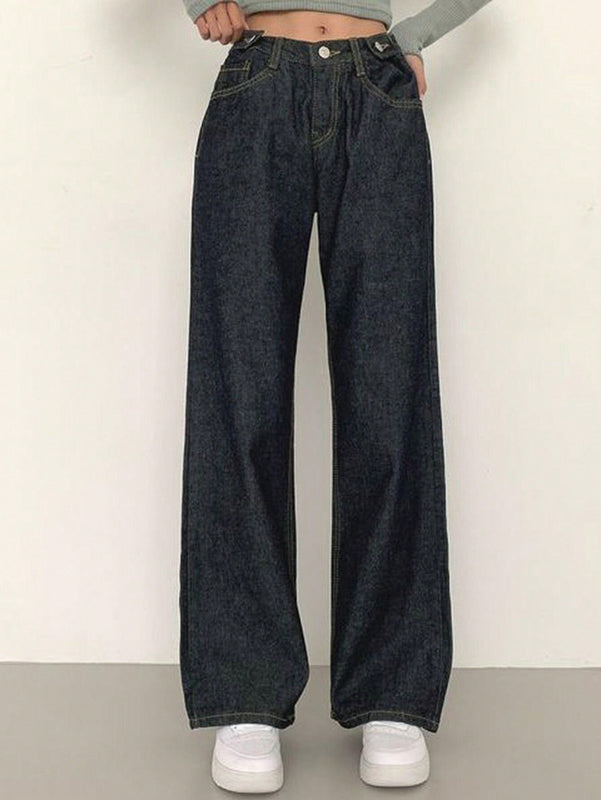 DAZY Pantalones Jeans informales de mujer de pierna ancha y corte holgado con bolsillos