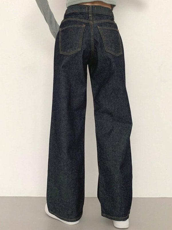 DAZY Pantalones Jeans informales de mujer de pierna ancha y corte holgado con bolsillos